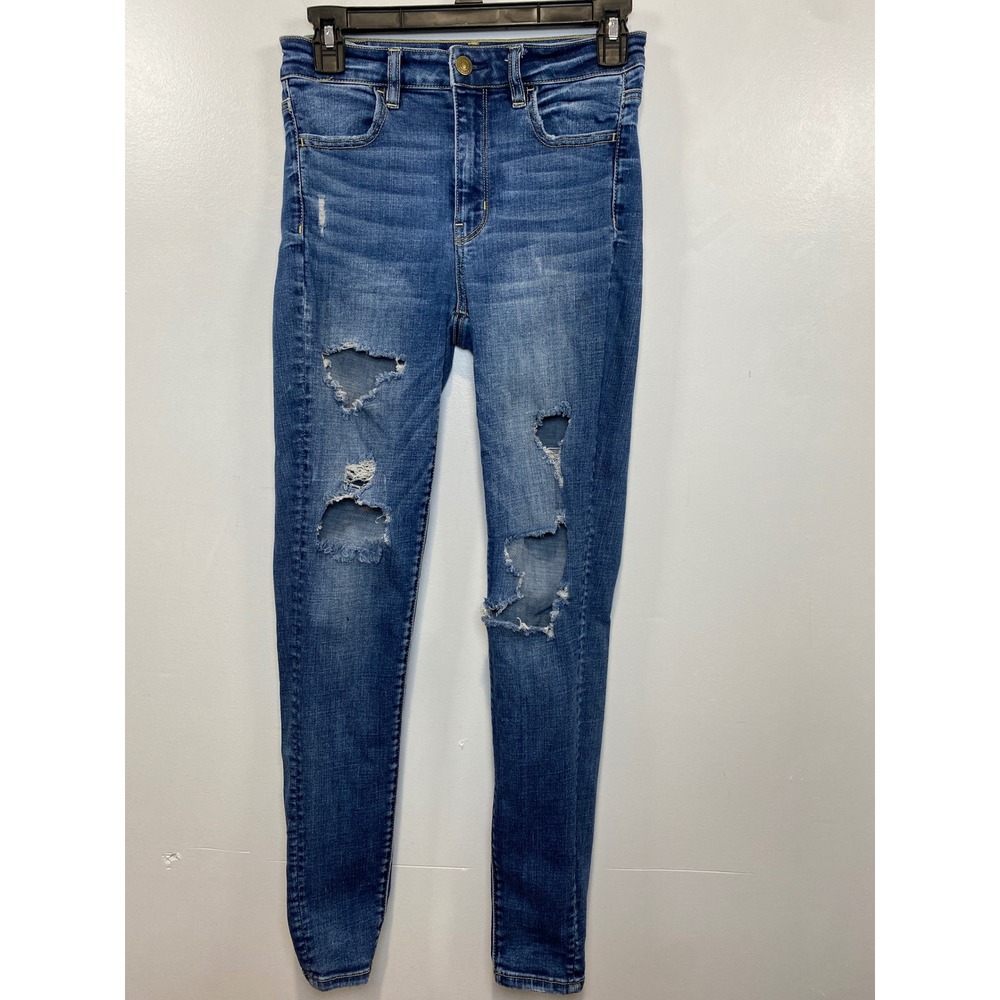 American Eagle Super Hi-Rise Jegging Ripped Distressed Blue Jeans Size‎ 4